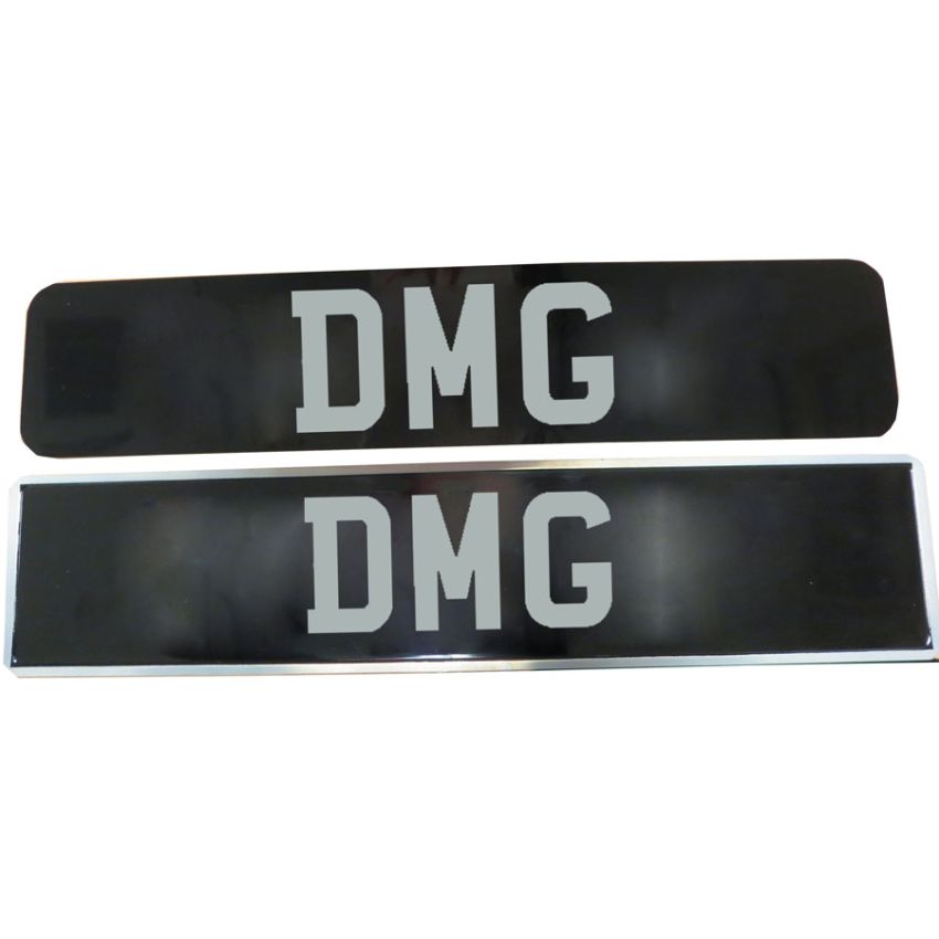 NUMBER PLATE 30200600 + 30200400 BLACK & POLISHED:  MORRIS MINOR
